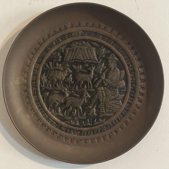 Antique Persian Brass Decorative Plate with Sitting Flute Player/Grazing Animals
